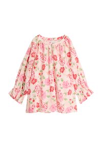 Blomstrete langermet bluse i lyserosa bomull med røde og grønne blomstermønstre, elastiske mansjetter og en rynket halsringning.