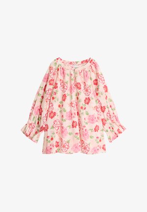 Blomstrete langermet bluse i lyserosa bomull med røde og grønne blomstermønstre, elastiske mansjetter og en rynket halsringning.