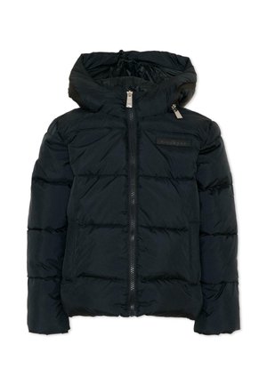 Piumino nero trapuntato con cappuccio, cerniera frontale, due tasche laterali e una piccola toppa rettangolare del marchio sul petto.
