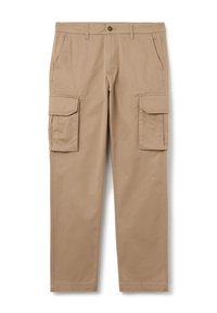 Beige Cargo-Hosen mit mehreren Seitentaschen, aus leichtem Stoff, mit geradem Bein und standardmäßigem elastischen Bund mit Knopfverschluss.