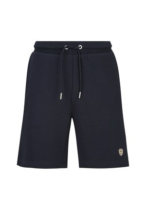 Marineblaue Shorts in Kniehöhe mit elastischem Bund, Kordelzug und einem kleinen Emblem am linken Bein.