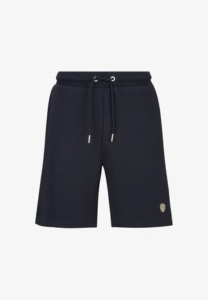 Marineblaue Shorts in Kniehöhe mit elastischem Bund, Kordelzug und einem kleinen Emblem am linken Bein.