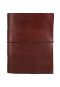 Brown leather notebook cover with a smooth texture, featuring a rounded spine and tied with a matching leather cord.