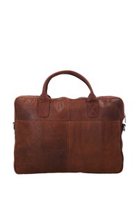 Borsa per laptop in pelle marrone con due manici superiori, chiusura con zip e superficie texturizzata. Ha una forma rettangolare e cuciture minime.