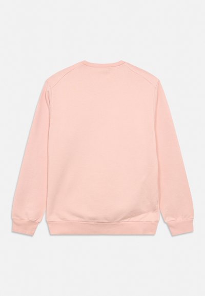 Sweat-shirt uni rose pâle à manches longues avec poignets et ourlet côtelés, vu de dos sur fond blanc.