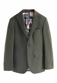 Olive green jacket with a tailored fit, brown shoulder accents, and a patterned inner lining featuring vintage cameras and clock motifs.