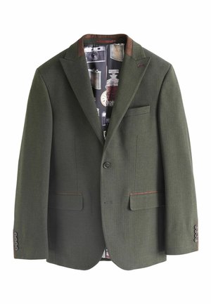 Veste olive avec une coupe ajustée, accents de couleur marron sur les épaules et doublure intérieure à motifs comportant des caméras vintage et des motifs d'horloges.