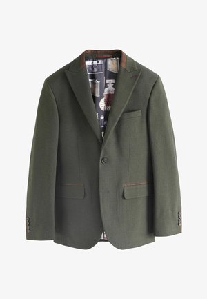 Olive green jacket with a tailored fit, brown shoulder accents, and a patterned inner lining featuring vintage cameras and clock motifs.