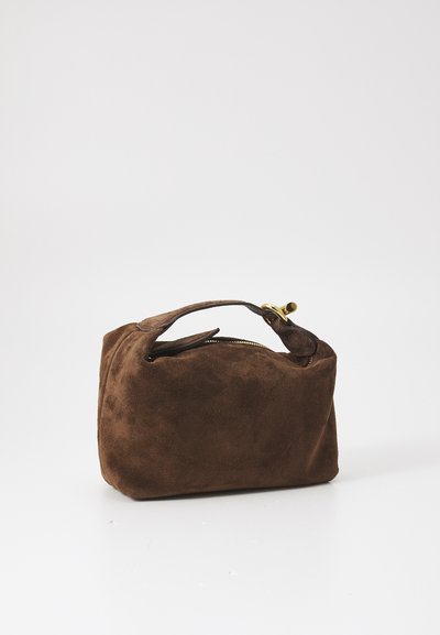 Brown suede handbag with a rectangular shape, small handle, and gold zipper detail. The texture is soft and slightly brushed.