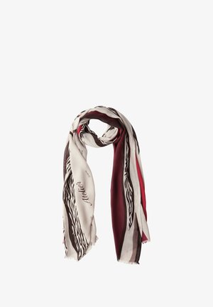 Silk scarf featuring a beige, maroon, and black abstract pattern with fringe edges, draped elegantly with soft texture and lightweight design.