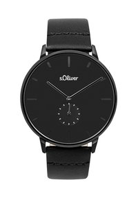 Schwarze analoge Uhr mit rundem Zifferblatt, silbernen Akzenten und einem Unterzifferblatt. Verfügt über ein Lederarmband mit glatter Textur und minimalistischem Design.