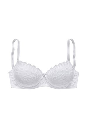 Soutien-gorge en dentelle blanche avec des bords festonnés, des bonnets avec armature, des bretelles réglables et un petit nœud au centre. Tissu lisse et texturé.