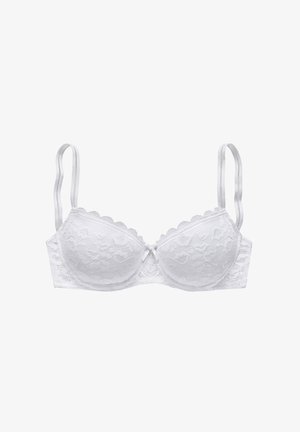 Weißer Spitzen-BH mit gewellten Rändern, mit Unterwäsche-Cups, verstellbaren Trägern und einem kleinen Schleifendetail in der Mitte. Glattes, strukturiertes Material.