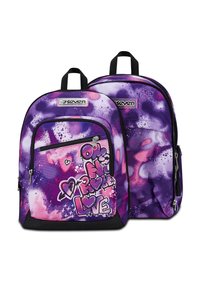 Zaino viola con un design in stile graffiti che presenta cuori e il testo "Amore". Realizzato in tessuto resistente con dettagli neri e cerniere.