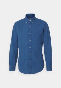 Blauwe long-sleeve shirt gemaakt van gestructureerde stof. Heeft een button-down kraag, knopen aan de voorkant en een klein logo op de borst.