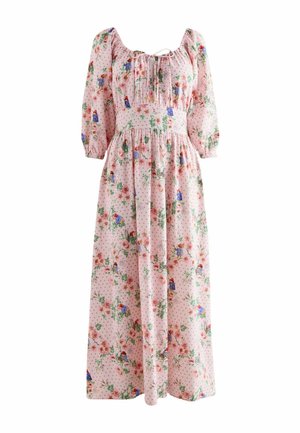 Roosa pikkade varrukatega midi kleit lille- ja väikese linnumustriga, kogutud vöökohaga, ruudukujulise kaelusega, seotava detaili ja volangiliste varrukatega.