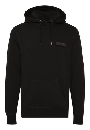 Black hoodie featuring a kangaroo pocket, adjustable drawstring hood, and a rubberized label on the chest with the text "11 PROJECT."