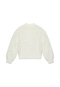 Maglione bianco a maglia con collo rotondo, maniche a sbuffo e decorazioni di perline argentate sparse. Texture morbida e vestibilità comoda.