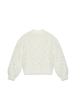 Pull en tricot blanc avec un col rond, des manches bouffantes et des embellissements en perles argentées éparpillées. Texture douce et coupe décontractée.