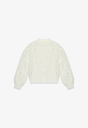 Maglione bianco a maglia con collo rotondo, maniche a sbuffo e decorazioni di perline argentate sparse. Texture morbida e vestibilità comoda.