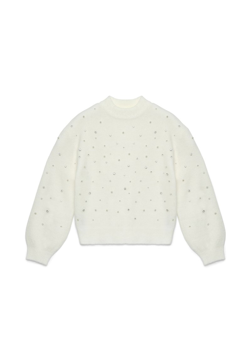 Maglione bianco a maglia con collo rotondo, maniche a sbuffo e decorazioni di perline argentate sparse. Texture morbida e vestibilità comoda.