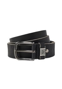 Ceinture en cuir noir avec une boucle en métal argenté. Elle présente une texture lisse, une finition mate et un logo gravé près de la boucle.