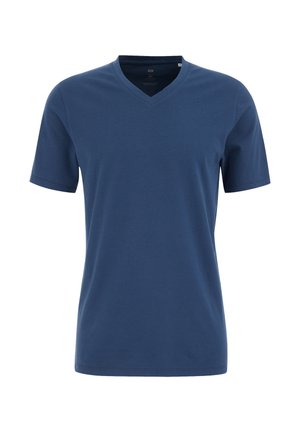 Mornarško modra kratka majica s kratkimi rokavi in V-izrezom, izdelana iz gladkega materiala. Ima sproščen kroj in čiste šive brez izrazitih detajlov.