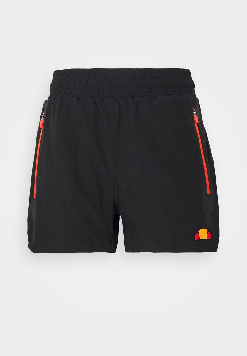 Svarta sportshorts med elastisk midja, två fickor med dragkedja med orangea detaljer, och en färgglad logotyp på benet.