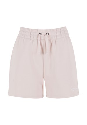 Lichtroze shorts gemaakt van zachte stof, met een elastische tailleband met koordjes en zijzakken. Subtiele logo-detail aan de voorkant.