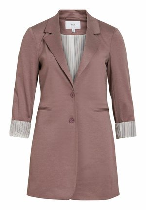 Blazer mauve pour femme avec deux boutons, col cranté, poches avant passepoilées et manches retroussées dévoilant une doublure rayée.