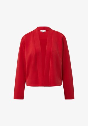 Cárdigan rojo con mangas largas, frontal abierto y textura suave. Diseño simple sin botones, con un corte relajado y sin patrones visibles.