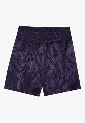 Lilla satengshorts med strikket midje og et teksturert, abstrakt mønster. Løs passform og lengde til midt på låret. Glatt overflate.