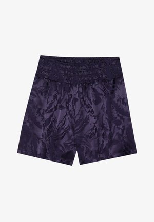 Paarse satijnen shorts met een smocktailband en een gestructureerd, abstract patroon. Losse pasvorm en lengte tot halverwege de dijen. Gladde oppervlakte.