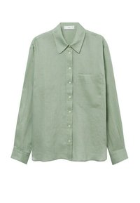 Lichtgroen linnen shirt met lange mouwen, voorzien van een kraag, knoopsluiting aan de voorkant en een borstzak. Zachte textuur en een comfortabele pasvorm.