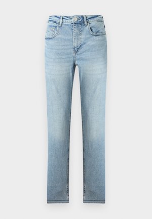 Šviesiai mėlyni džinsai aukštu liemeniu, tiesiomis kojų siūlėmis, su priekinėmis ir galinėmis kišenėmis, užsegami mygtuku, su subtiliu išblukimu šlaunų ir kelių srityje.