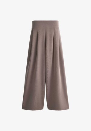 Pantaloni a gamba larga a vita alta, corti, in tessuto taupe con fascia in vita liscia e pieghe sottili sul davanti.