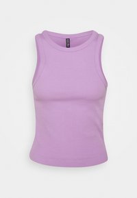 Sleeveless ribbed lilac crop top with round neckline and fitted design, displayed against a plain white background.