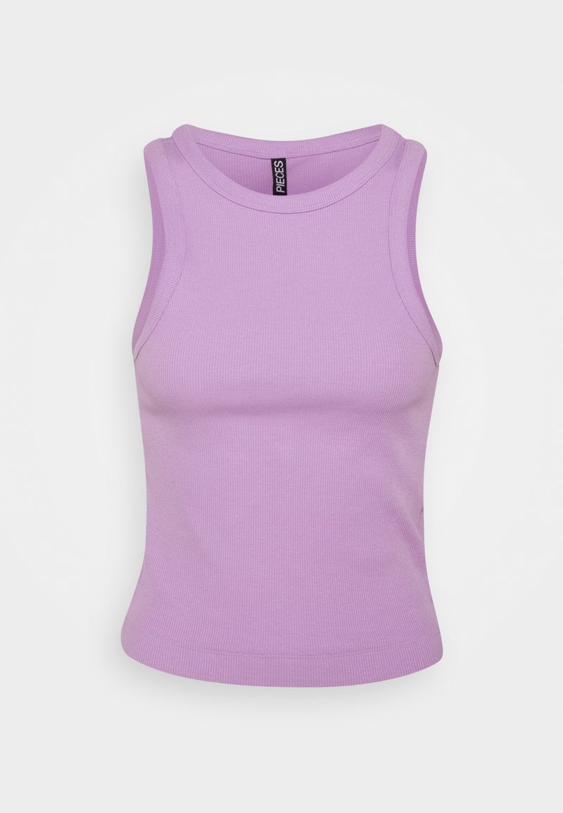 Sleeveless ribbed lilac crop top with round neckline and fitted design, displayed against a plain white background.
