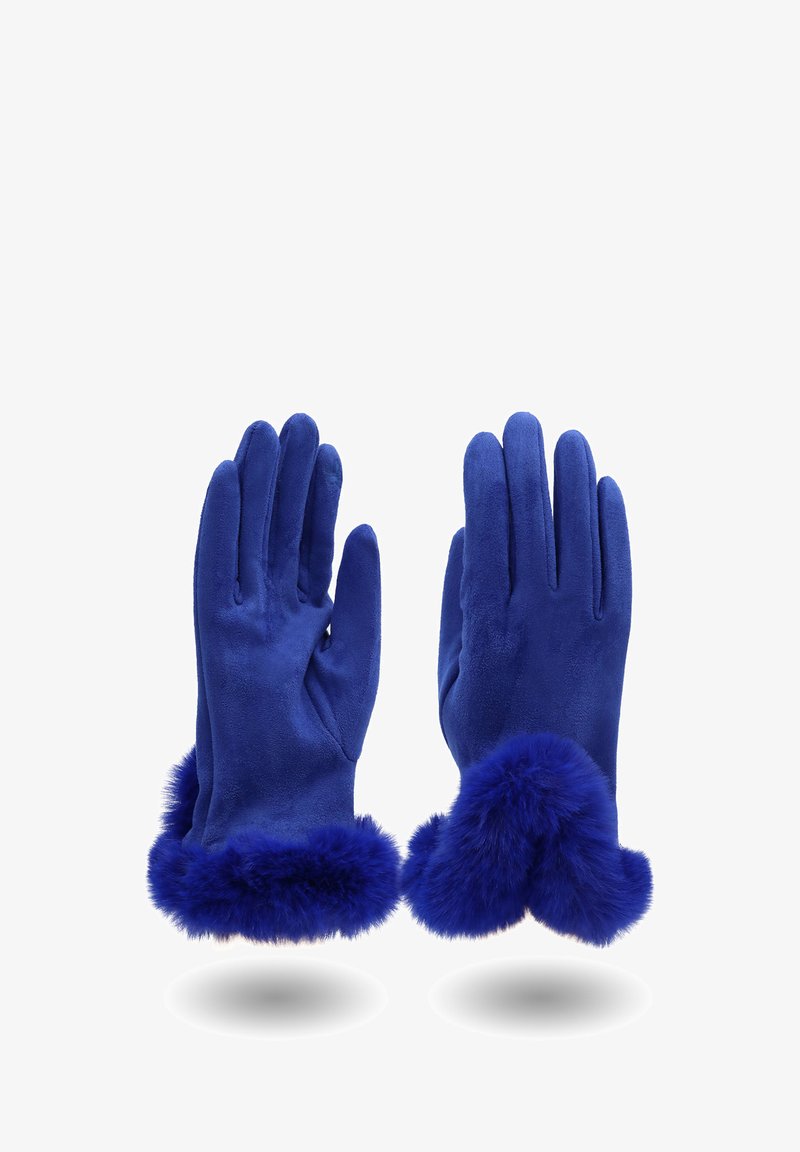 Un paio di guanti di camoscio blu reale con polsini in pelliccia morbida, mostrati sui lati del palmo e del dorso, isolati su sfondo bianco.