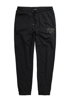 Pantaloni jogger neri in tessuto morbido, con vita elastica e coulisse, polsini alle caviglie e stampa del logo grigia su un lato.