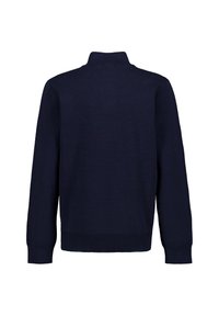 Pull en maille bleu marine avec un col montant, des manches longues et des poignets et un ourlet côtelés. Texture lisse et design simple, vue de dos.