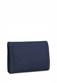 Portafoglio in tessuto blu navy con superficie testurizzata, caratterizzato da bordi cuciti e una forma rettangolare compatta per una chiusura sicura.