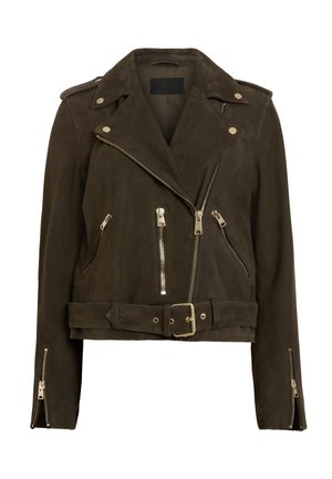 Giacca da moto in suede marrone con vita cinturata, cerniere argentate, spalline e colletto a punta con finitura testurizzata.