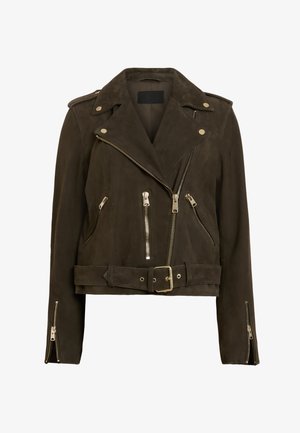 Giacca da moto in suede marrone con vita cinturata, cerniere argentate, spalline e colletto a punta con finitura testurizzata.