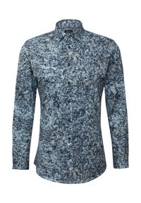 Chemise à manches longues boutonnée avec un motif floral bleu et beige, en tissu doux, dotée d'un col classique et de boutons navy.
