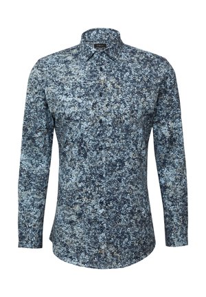 Chemise à manches longues boutonnée avec un motif floral bleu et beige, en tissu doux, dotée d'un col classique et de boutons navy.