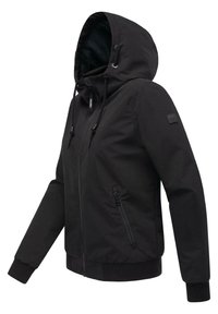 Svart huva jacka med framdragkedja, snörning i huvan, ficka med dragkedja på sidan, ribbade ärmar och nederkant, uppvisad på en vit bakgrund.