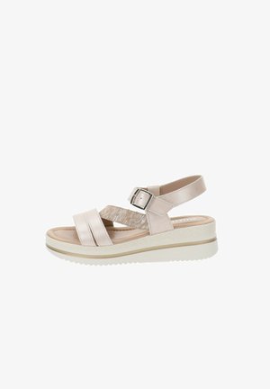 Sandal rosa chiaro con suola a zeppa, caratterizzata da due fasce larghe, una fascia centrale testurizzata e una fibbia regolabile. Materiale sintetico liscio.