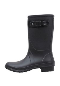 Botte noire en caoutchouc, montante jusqu'au genou, avec une surface texturée, un détail de boucle sur le côté et une semelle robuste crantée pour une meilleure adhérence.