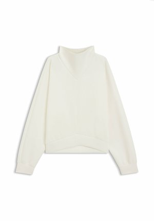 White sweatshirt with a high, folded collar and long sleeves. It features a slightly cropped hem and a smooth, soft texture.